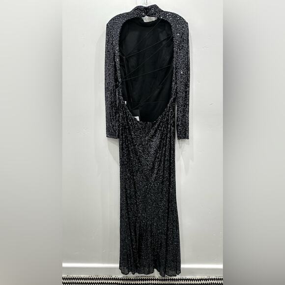 NWT Leena Mac Duggal Metallic Sequin High Neck Long Sleeve Gown. Graphite - Picture 8 of 11